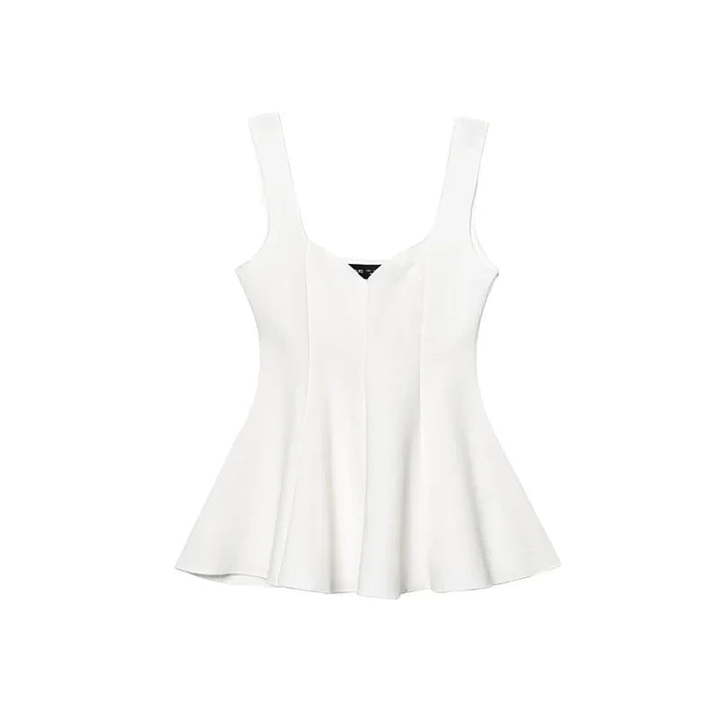 Top damă fără mâneci cu bască și pantaloni largi, set două piese | Stil lejer