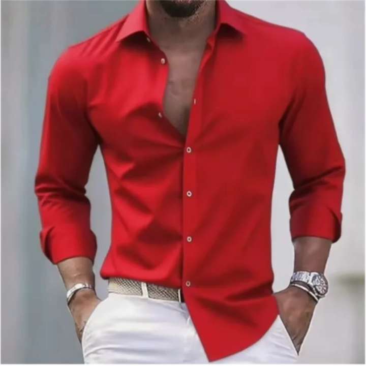Herren Slim Fit Langarm Hemd mit Knopfleiste einfEarbig | Formal