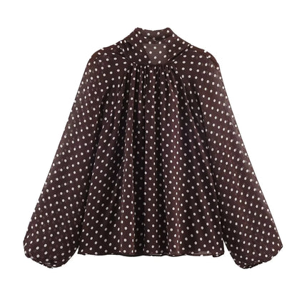 Damen Langarm Bluse mit Polka Dots Stehkragen lockere Passform | Gepunktet