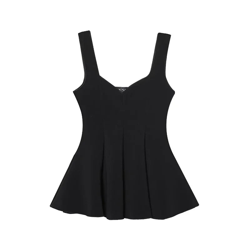Top damă fără mâneci cu bască și pantaloni largi, set două piese | Stil lejer