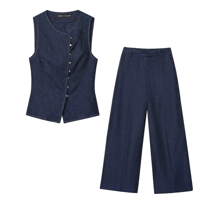 Damski zestaw dwuczęściowy | Regular Fit | Kamizelka bez rękawów i szerokie spodnie | Nowoczesny styl smart casual