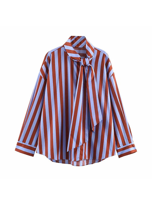 Women's Long Sleeve Shirt Bow Tie Loose Fit Shirt | Stripes