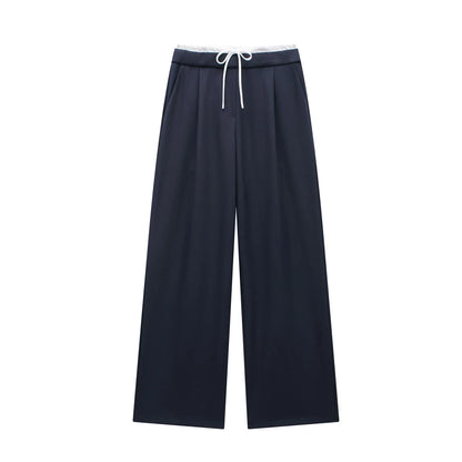 Pantaloni casual pentru femei, talie înaltă, cu șnur, croială dreaptă, lungime lungă
