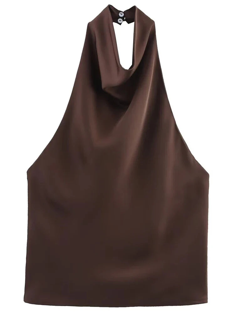 Damski top halter z drapowanym dekoltem bez rękawów | Halter