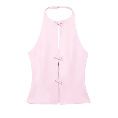 Women's Sleeveless Front Tie Halter Top and Mini Skirt Two-Piece Set | Open Back