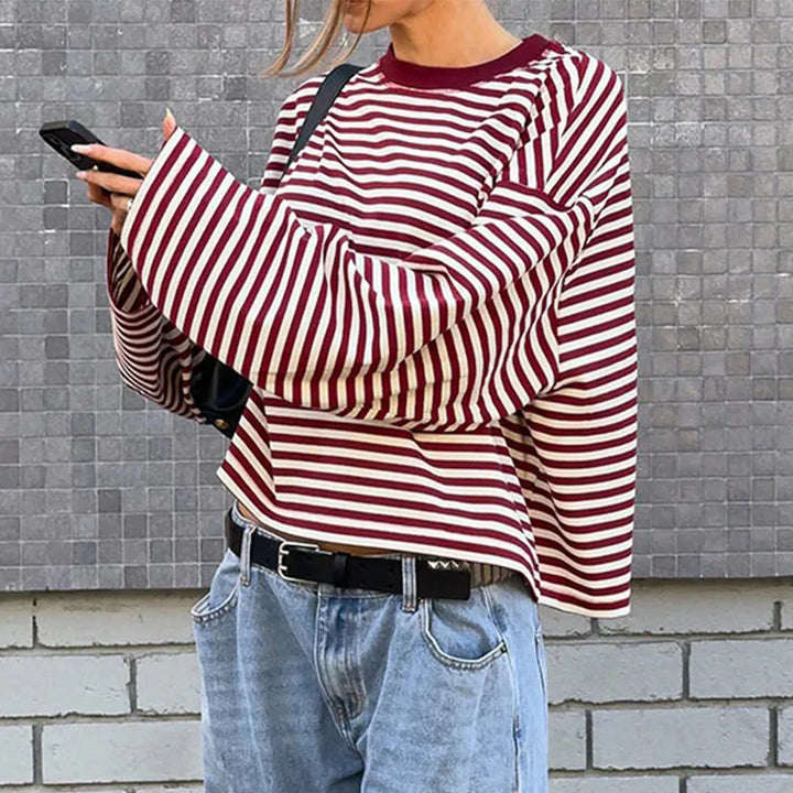 Damska bluza oversize z paskami, długi rękaw, okrągły dekolt | Paski