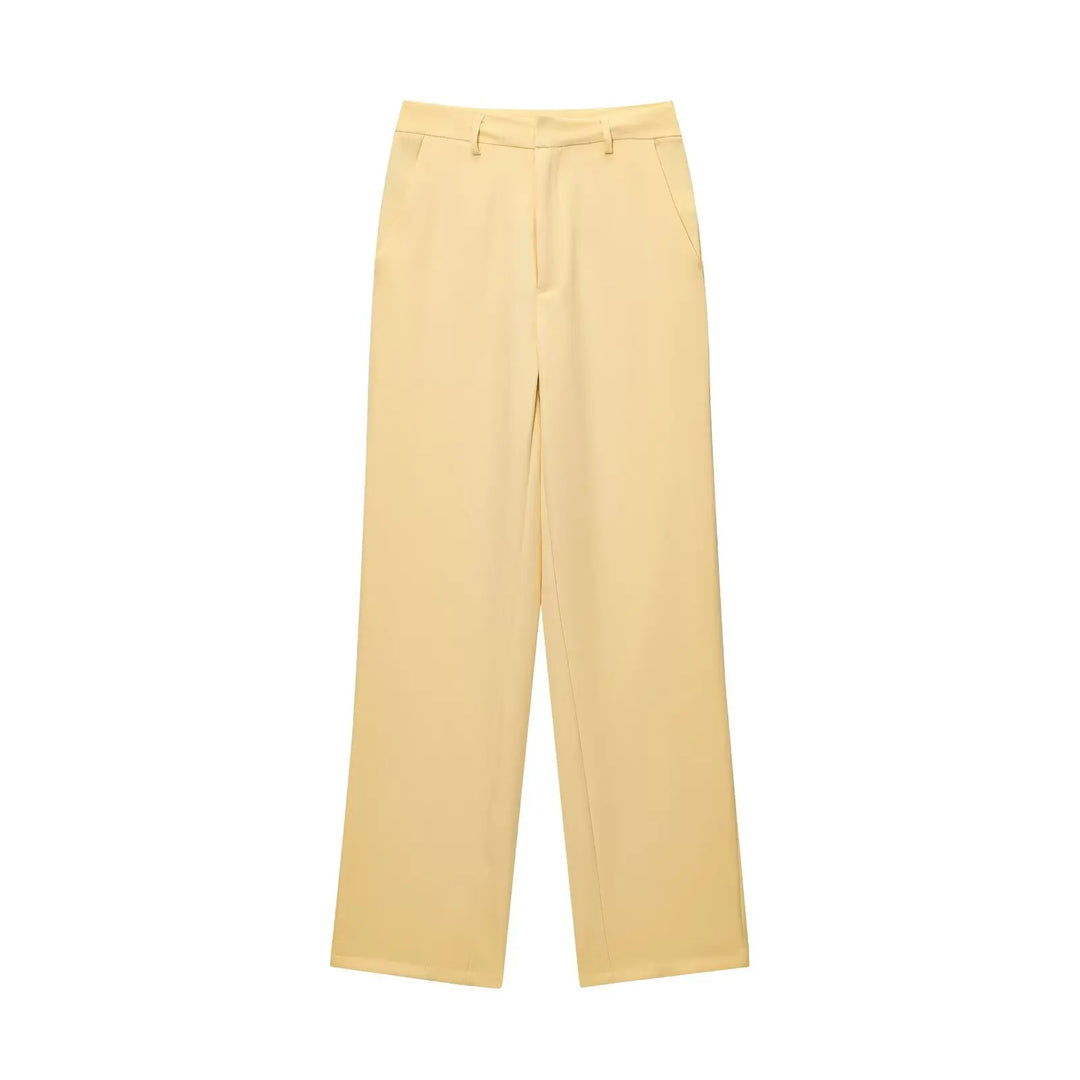 Damski zestaw dwuczęściowy z kołnierzykiem i zamkiem z przodu: top i szerokie spodnie | Minimalistyczny styl