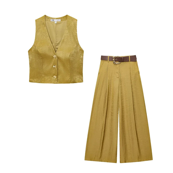 Set damă două piese | Croială regulară | Vestă cu decolteu în V și pantaloni largi | Stil elegant smart casual