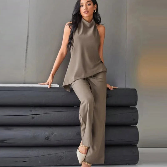Top asymétrique à bretelles pour femme et pantalon à jambe droite ensemble deux pièces | Look minimaliste