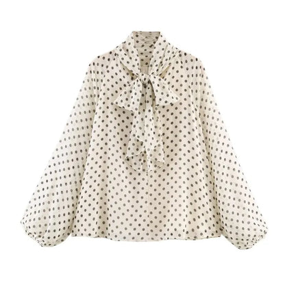 Damen Langarm Bluse mit Polka Dots Stehkragen lockere Passform | Gepunktet