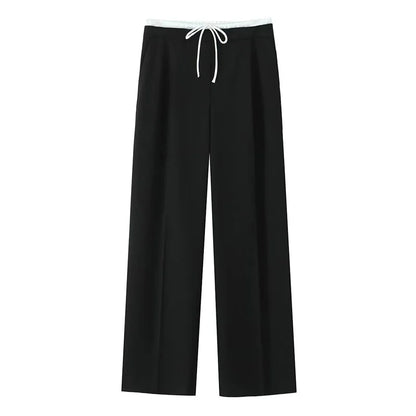 Pantaloni casual pentru femei, talie înaltă, cu șnur, croială dreaptă, lungime lungă