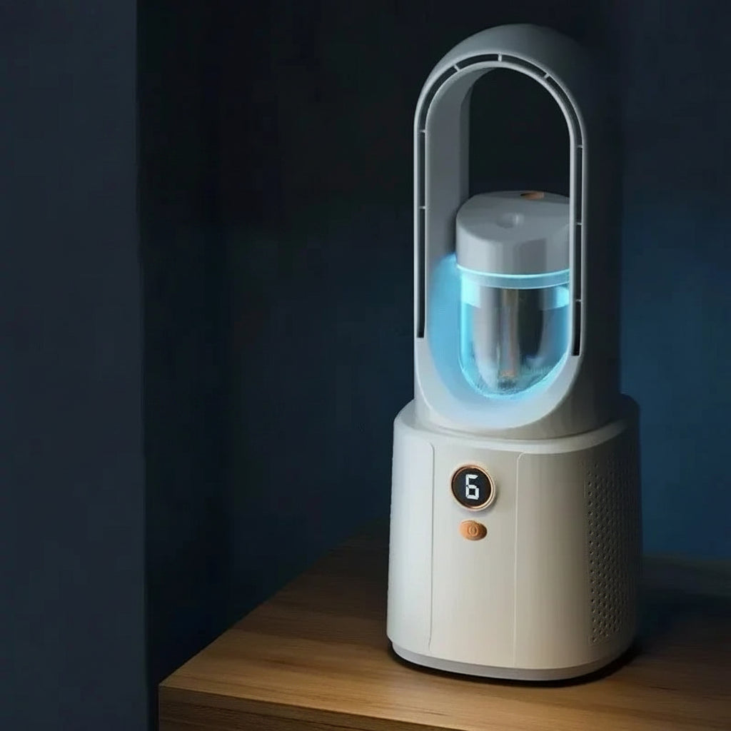 Přenosný USB vzduchový chladič | Stolní ventilátor s funkcí rozprašování | LED noční světlo | Tichý ventilátor do ložnice