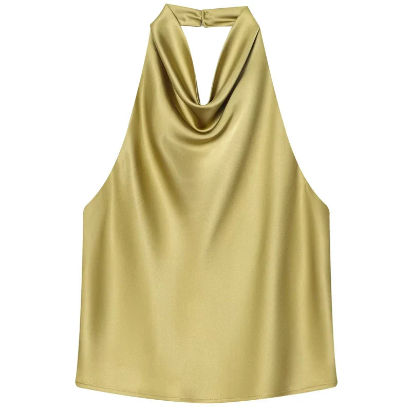 Damski top halter z drapowanym dekoltem bez rękawów | Halter