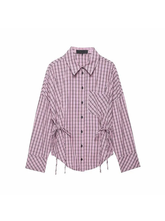 Women's Shirt Long Sleeve Collar Plaid Drawstrings Waist Pocket Loose Fit Shirt | Everyday