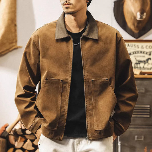 Men's Jacket Classic Collar Front Zipper Patch Pockets Spring Jacket | Workwear