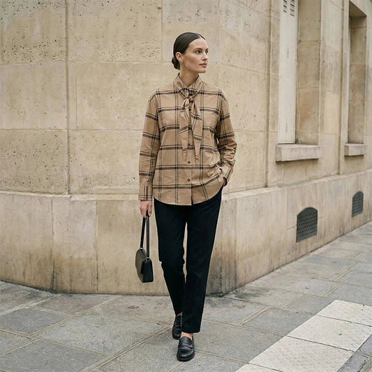 Women's Long Sleeve Shirt Plaid Tie Bow Buttons Front Loose Fit Shirt | Plaid