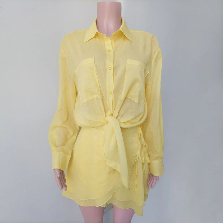Ensemble deux pièces pour femmes | Coupe régulière | Chemise à manches longues et mini-jupe | Style décontracté estival