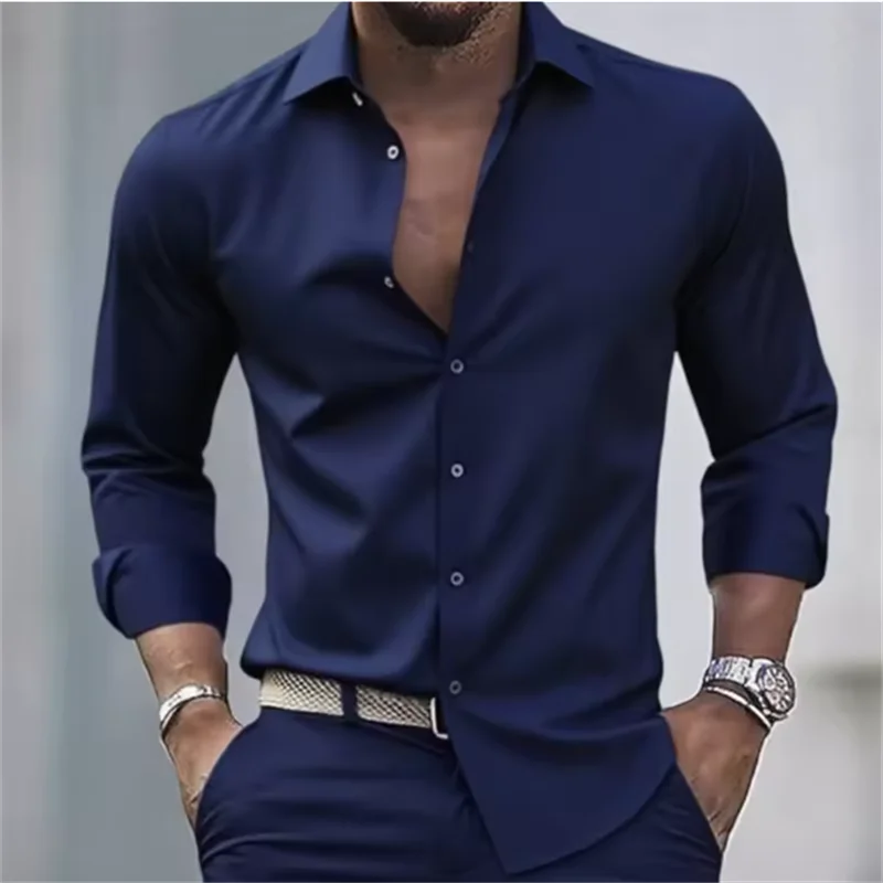 Herren Slim Fit Langarm Hemd mit Knopfleiste einfEarbig | Formal