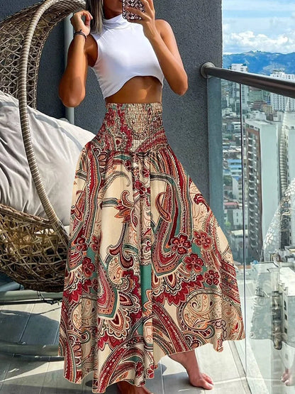 Jupe maxi taille haute pour femme | Motif tropical