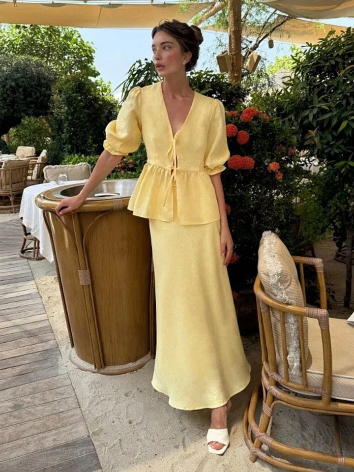 Damski zestaw dwuczęściowy | Regular Fit | Top peplum i maxi spódnica | Elegancki letni styl