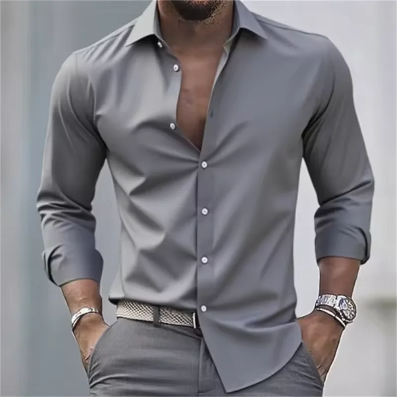 Herren Slim Fit Langarm Hemd mit Knopfleiste einfEarbig | Formal