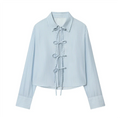 Damen Langarm Schnürung Vorne Schleife Kragen Crop Shirt | Casual
