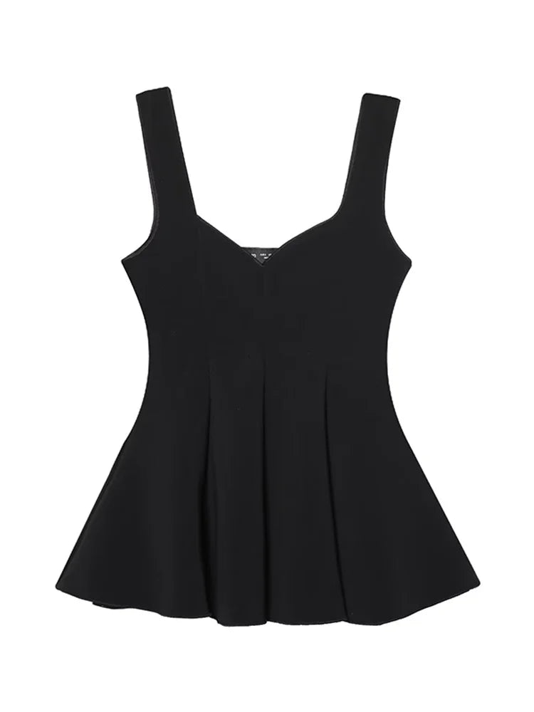 Top damă fără mâneci cu bască și pantaloni largi, set două piese | Stil lejer