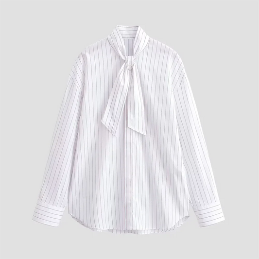 Women's Shirt Long Sleeve Front Buttons Tie Bow Vertical Stripes Shirt | Stripes