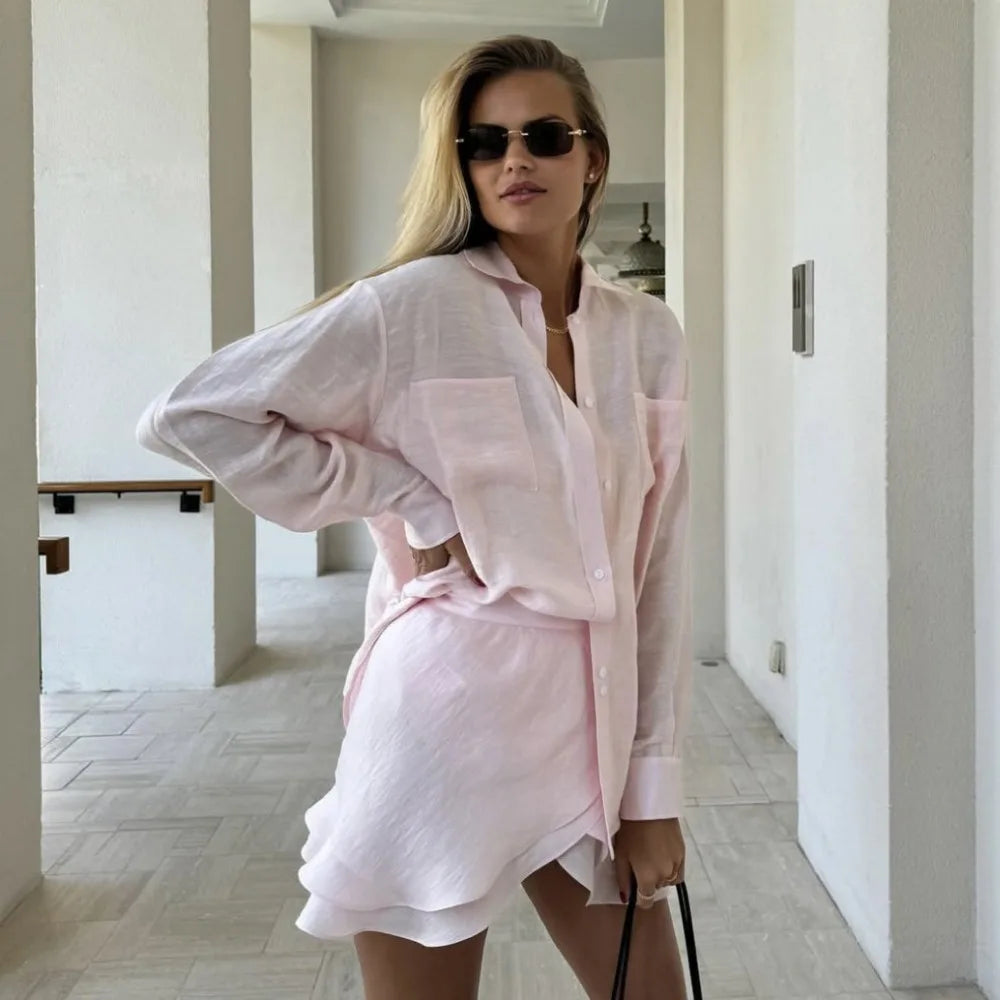 Ensemble deux pièces pour femmes | Coupe régulière | Chemise à manches longues et mini-jupe | Style décontracté estival