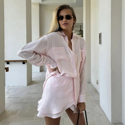 Dámská dvoudílná souprava | Regular fit | Košile s dlouhým rukávem a minisukně | Letní volnočasový styl