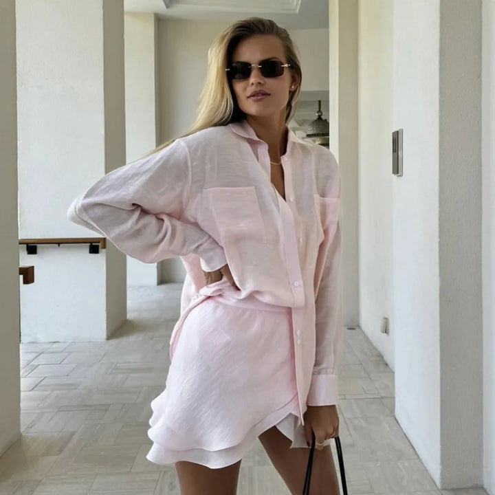 Ensemble deux pièces pour femmes | Coupe régulière | Chemise à manches longues et mini-jupe | Style décontracté estival