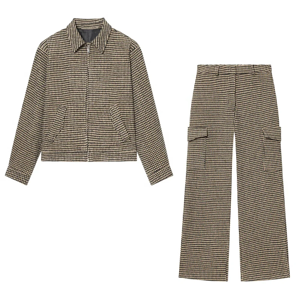 Women's Set with Zip-Up Jacket with Long Sleeves and Straight-Leg Pants | Vintage Style