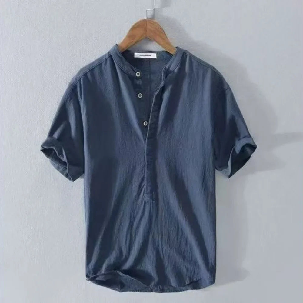 Herren Casual Hemd Mit Stehkragen Knopfleiste Kurzarm | Kurzarm