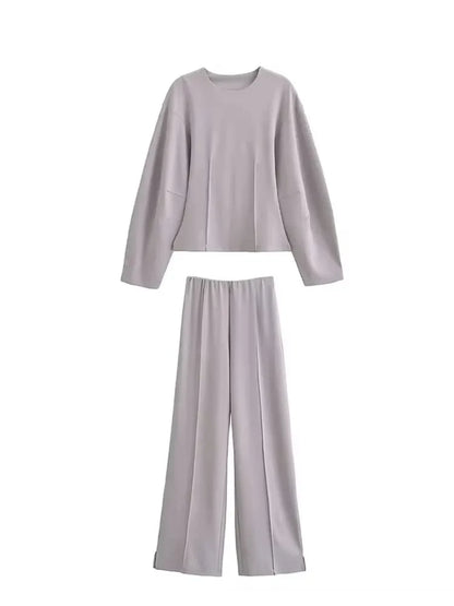 Damen Freizeit Set | Zweiteiliges Outfit mit Rundhalsoberteil | Weite Hose mit Nahtdetails | Lässiger Komfortlook