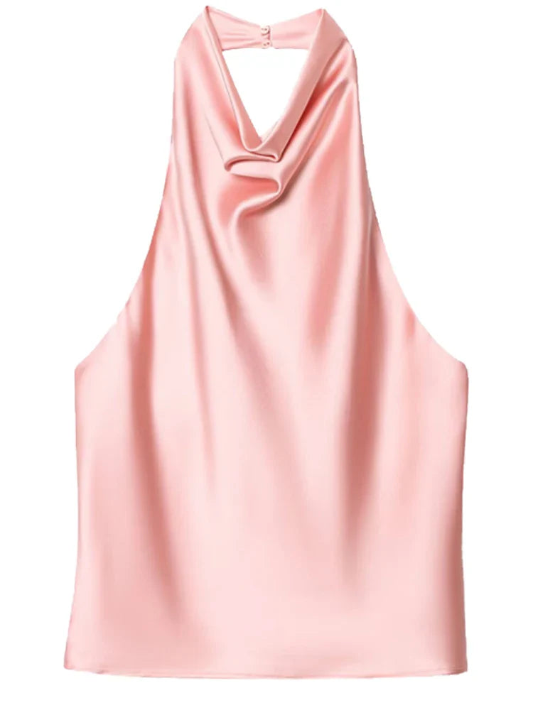 Damski top halter z drapowanym dekoltem bez rękawów | Halter