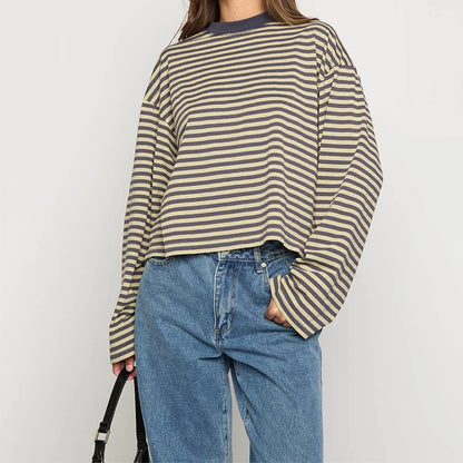 Felpa Donna Oversize a Righe Manica Lunga Girocollo Felpa | Righe