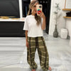 Pantalon décontracté femme taille haute à carreaux avec jambes larges | Coupe droite