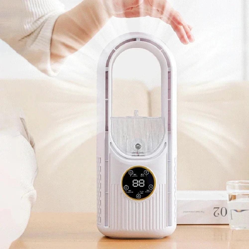 Přenosný USB vzduchový chladič | 3v1 ventilátor bez turbíny | Zvlhčovač vzduchu s časovačem | Kompaktní design