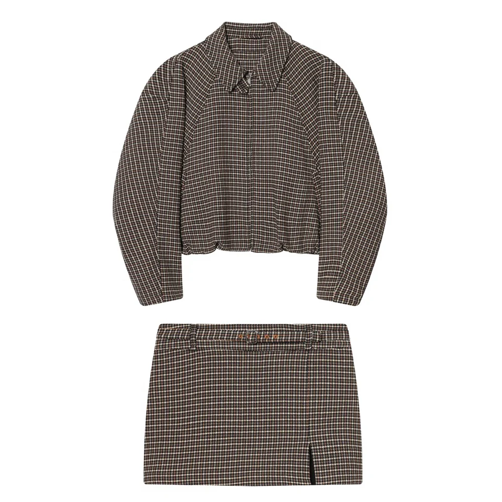 Women's Plaid Set with Short Jacket with Long Sleeves and Mini Skirt with Slit | Retro Style