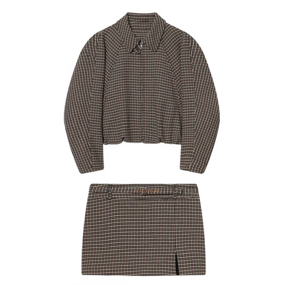 Women's Plaid Set with Short Jacket with Long Sleeves and Mini Skirt with Slit | Retro Style
