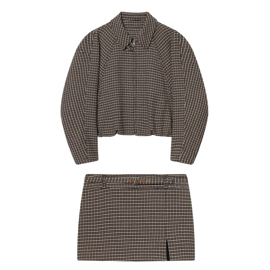 Ensemble femme à carreaux avec veste courte à manches longues et mini-jupe fendue | Style rétro