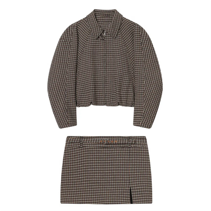 Damen Rock Set | Zweiteiliges Outfit mit Karomuster | Minirock mit Schlitz | Moderner Vintage Look