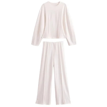Damen Freizeit Set | Zweiteiliges Outfit mit Rundhalsoberteil | Weite Hose mit Nahtdetails | Lässiger Komfortlook