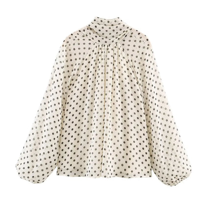 Damen Langarm Bluse mit Polka Dots Stehkragen lockere Passform | Gepunktet