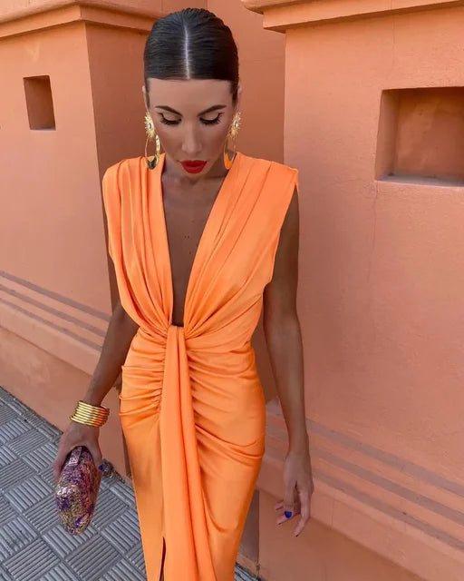 Rochie midi damă | Croială strâmtă cu decolteu în V | Detaliu drapat în talie | Look elegant pentru ocazii speciale