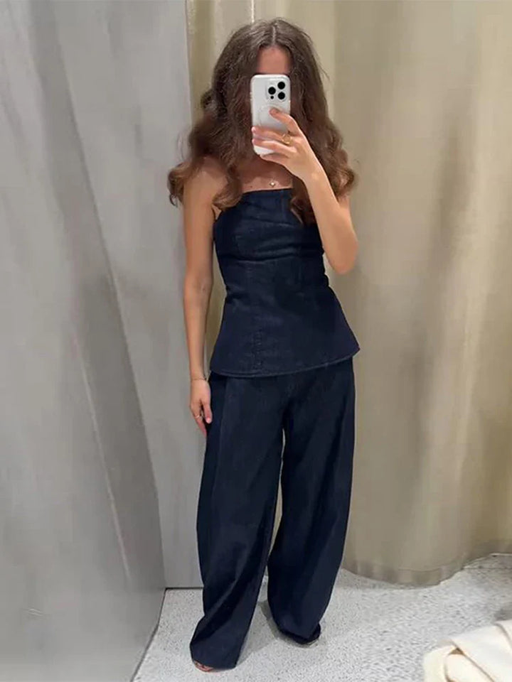 Damski zestaw dwuczęściowy | Regular Fit | Top bandeau z baskinką i szerokie spodnie | Nowoczesny minimalistyczny styl