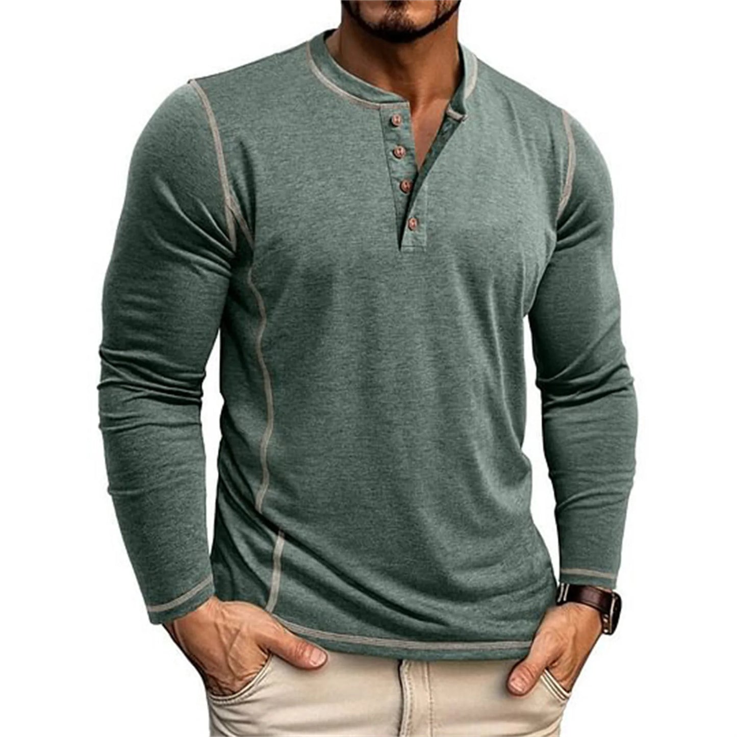 T-shirt Henley homme à manches longues | T-shirt décontracté à boutons