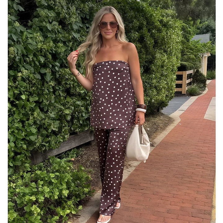 Set două piese Damski Groszki Top bandeau și pantaloni evazați | Stil potrivit