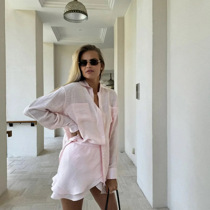 Ensemble deux pièces pour femmes | Coupe régulière | Chemise à manches longues et mini-jupe | Style décontracté estival