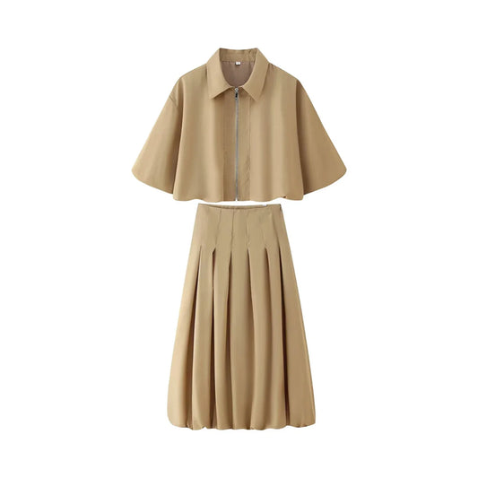 Veste courte zippée pour femme et jupe midi plissée ensemble deux pièces | Manches chauve-souris